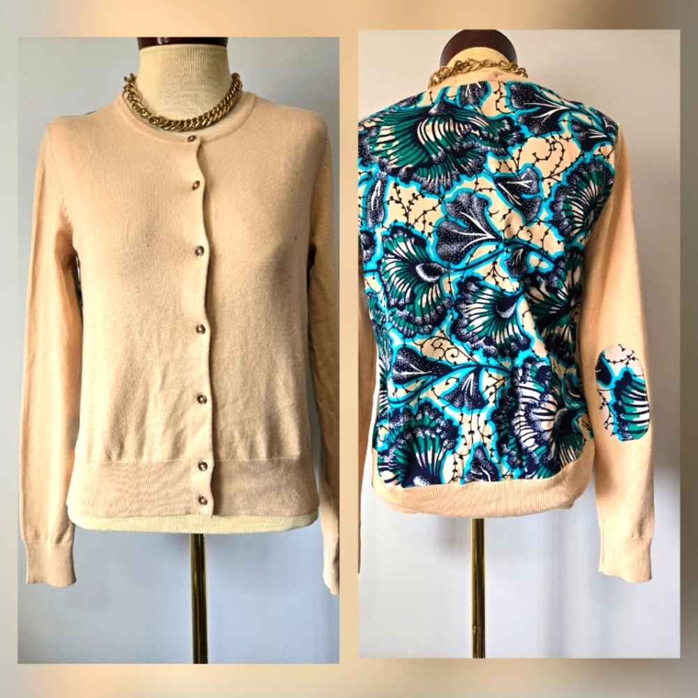 NEEDLE POINT Cream Cardigan With Vinrant Teal Back And Elbow Patches. Size Small